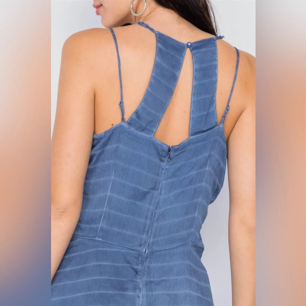 NWT-Indigo Blue Contrast Stripes Sheer Flare Leg Jumpsuit - Picture 6 of 12